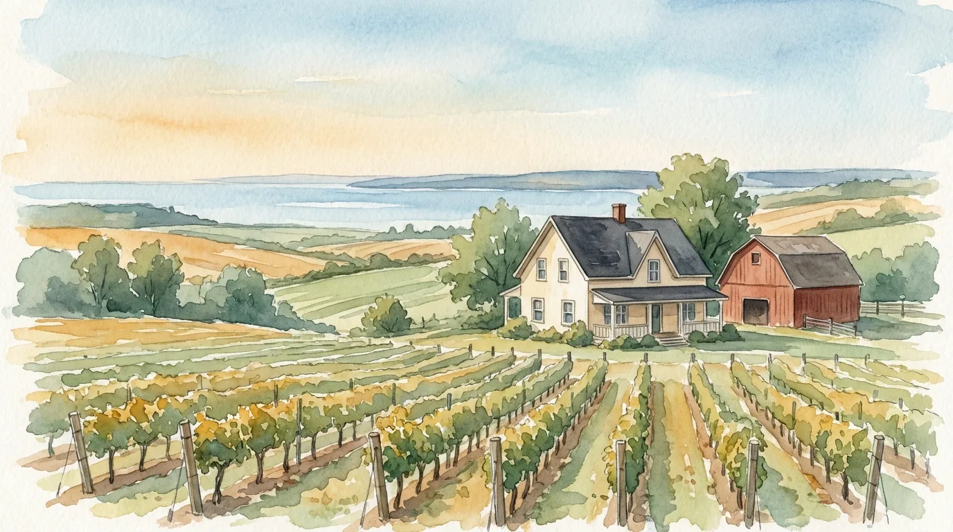 Watercolor of Annapolis Valley with vineyard, farmland, and Bay of Fundy