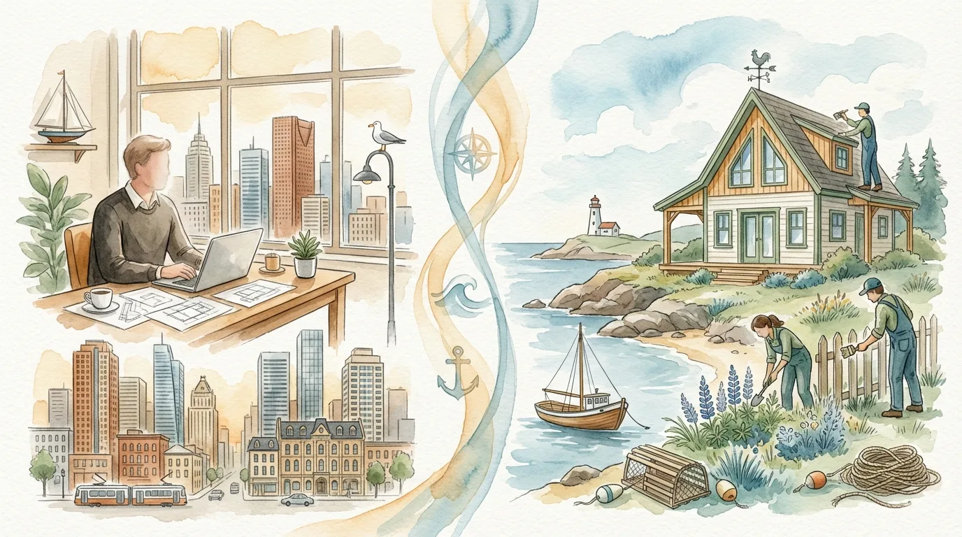 Split view: property owner at city desk and their Nova Scotia property being maintained locally