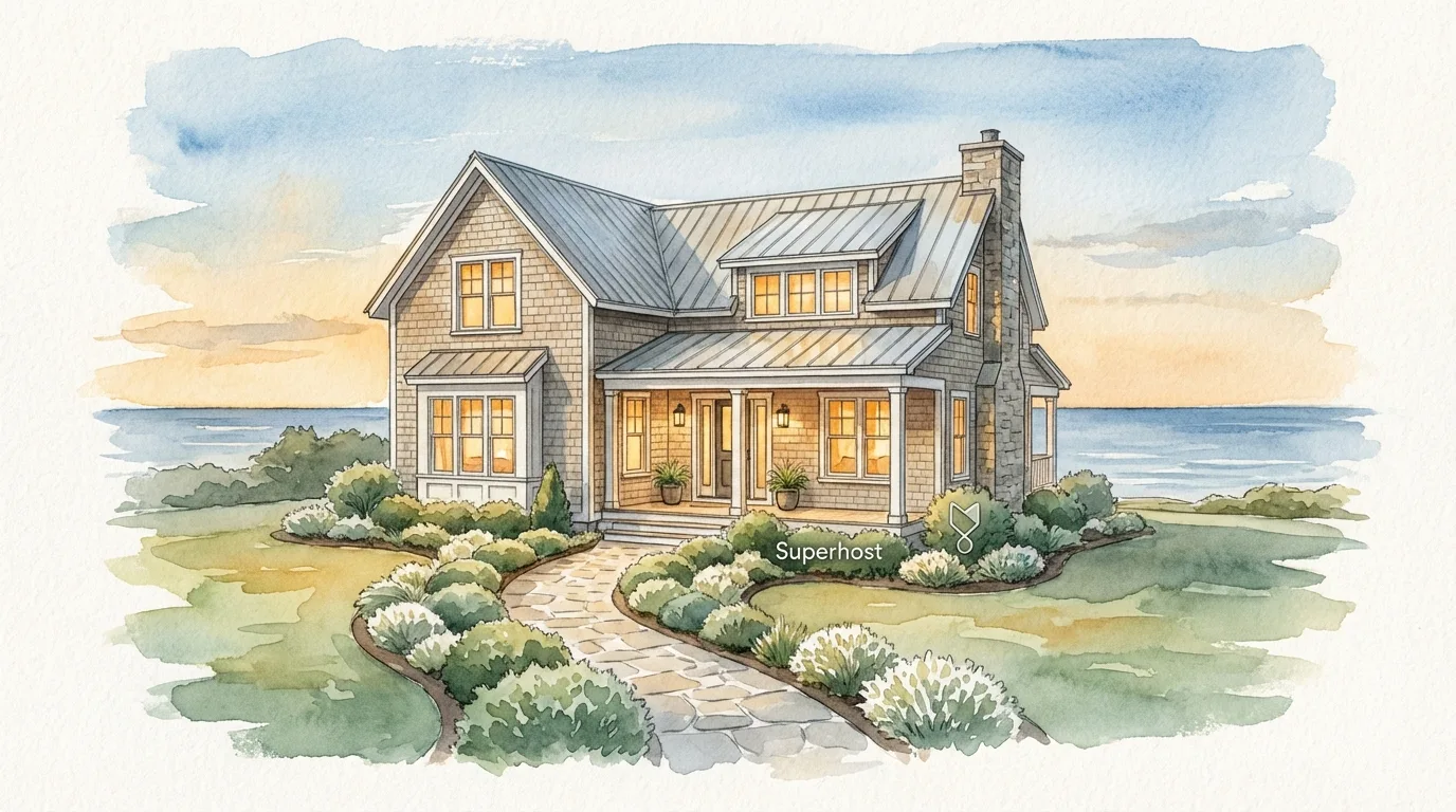 A pristine vacation property at dusk with warm lights and manicured garden