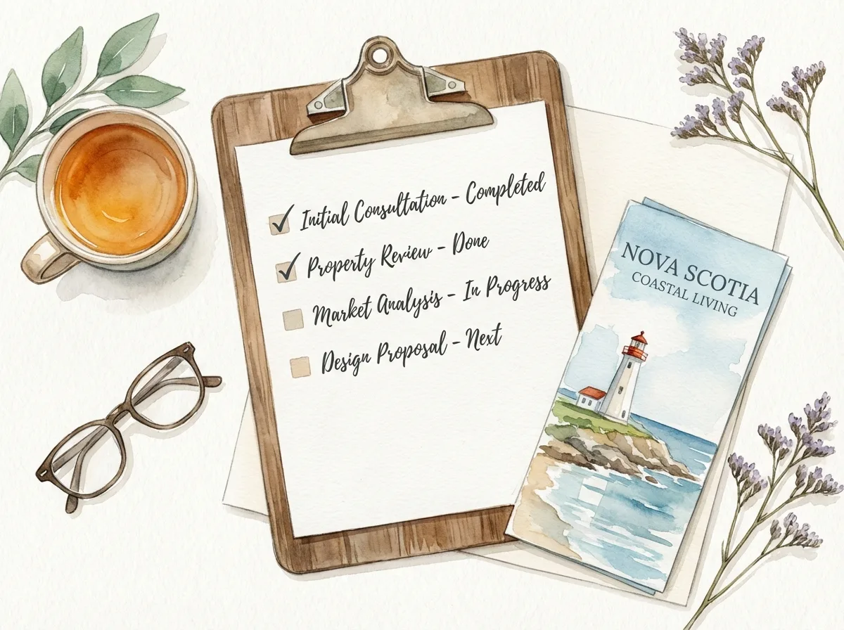 Watercolor illustration of a checklist with coffee and Nova Scotia property brochure