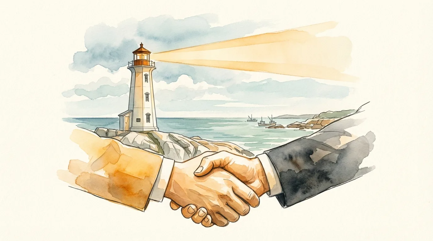 Handshake symbolizing trust and partnership with lighthouse in background