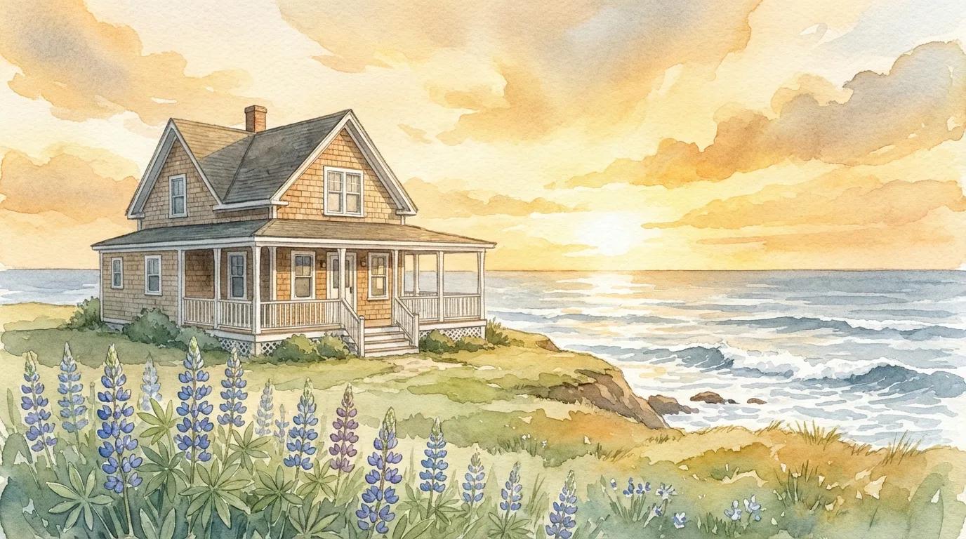 Watercolour illustration of a coastal Nova Scotia cottage