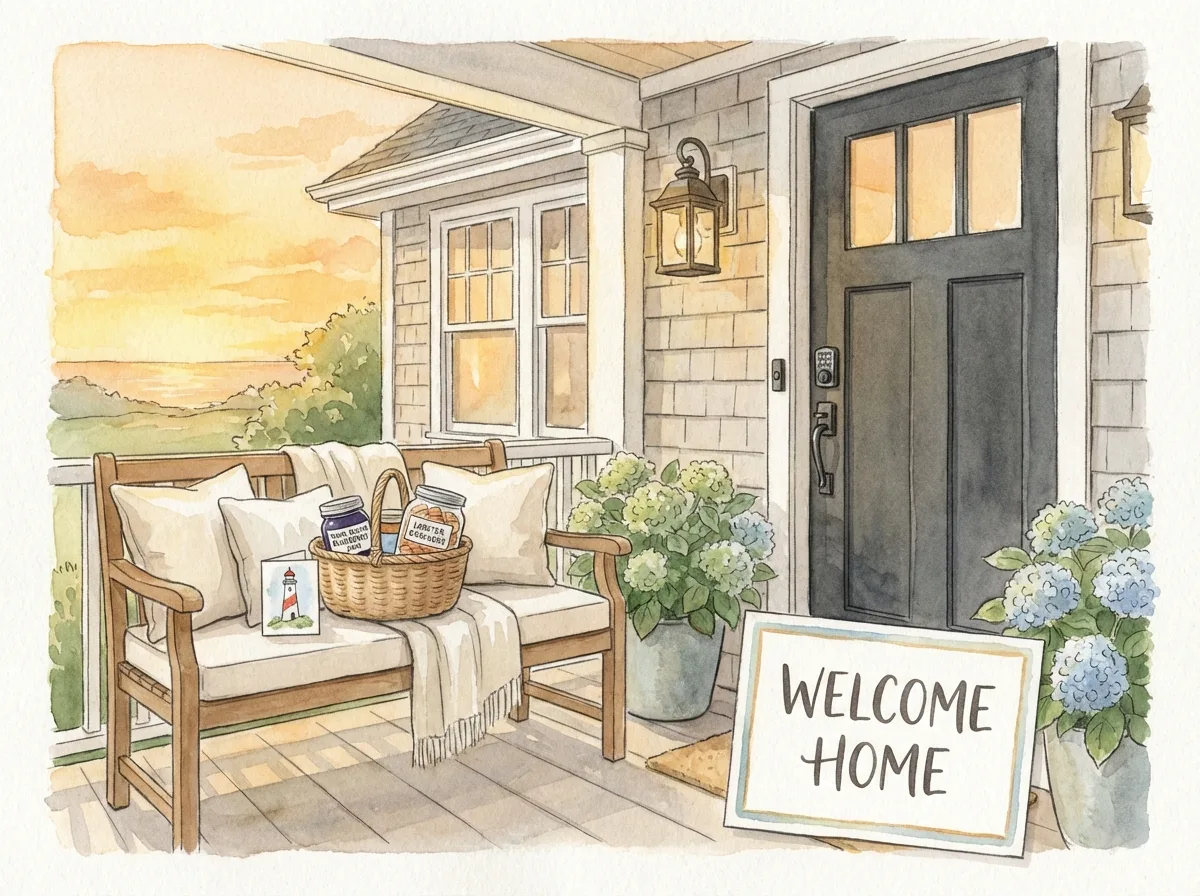 Welcome basket with local Nova Scotia treats on vacation rental porch