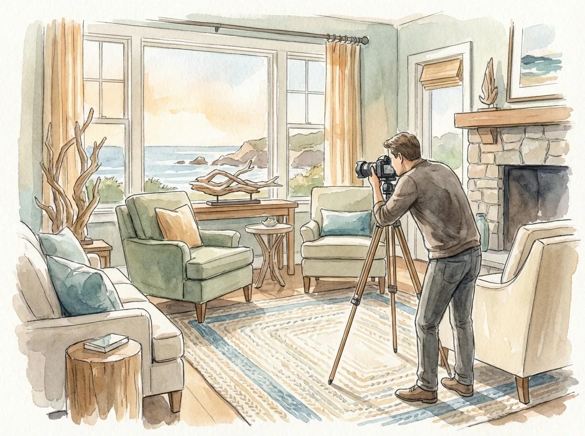 Professional photographer staging and capturing a vacation rental interior