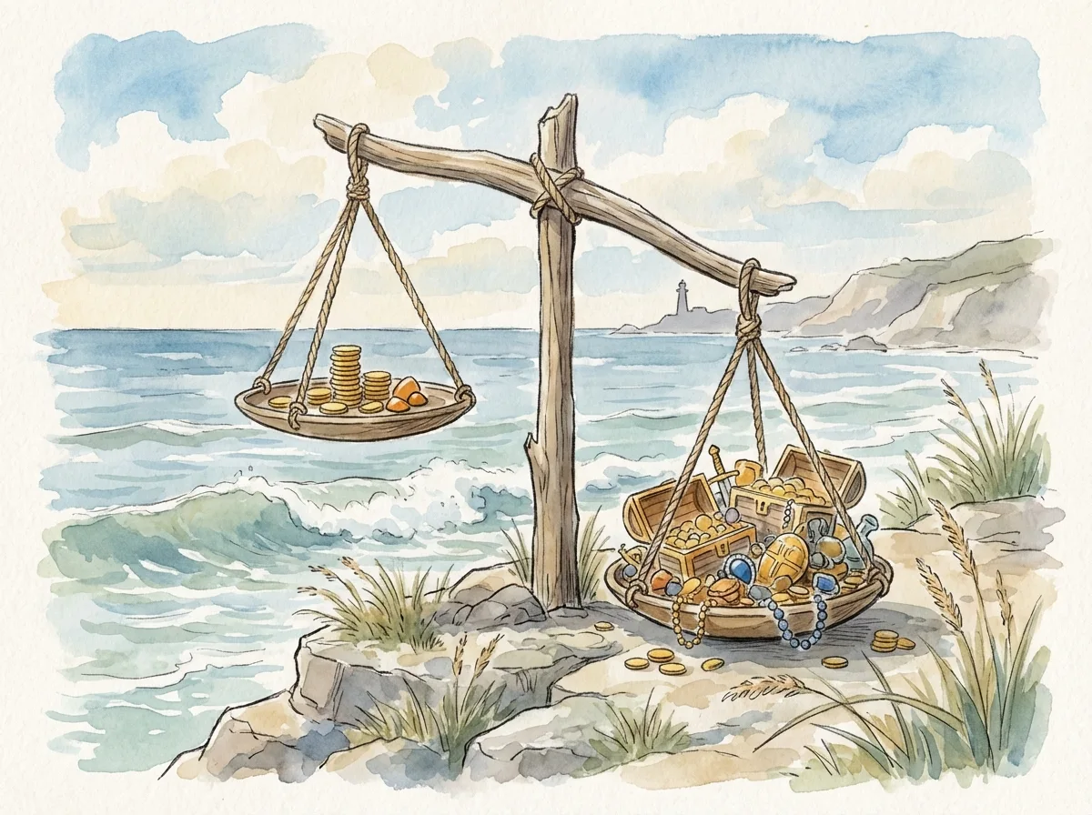 Driftwood balance scale showing small fee vs. overflowing revenue