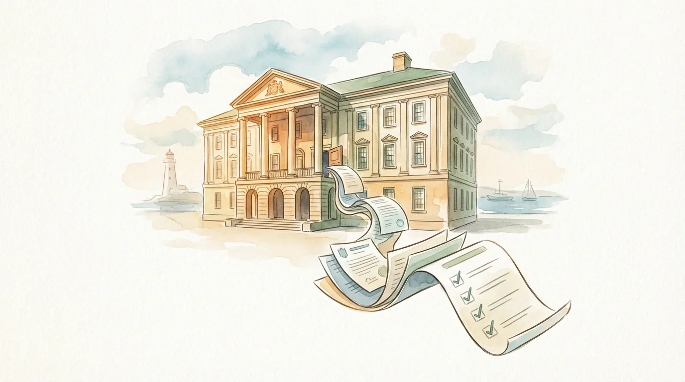 Watercolor illustration of compliance checklist with Nova Scotia imagery