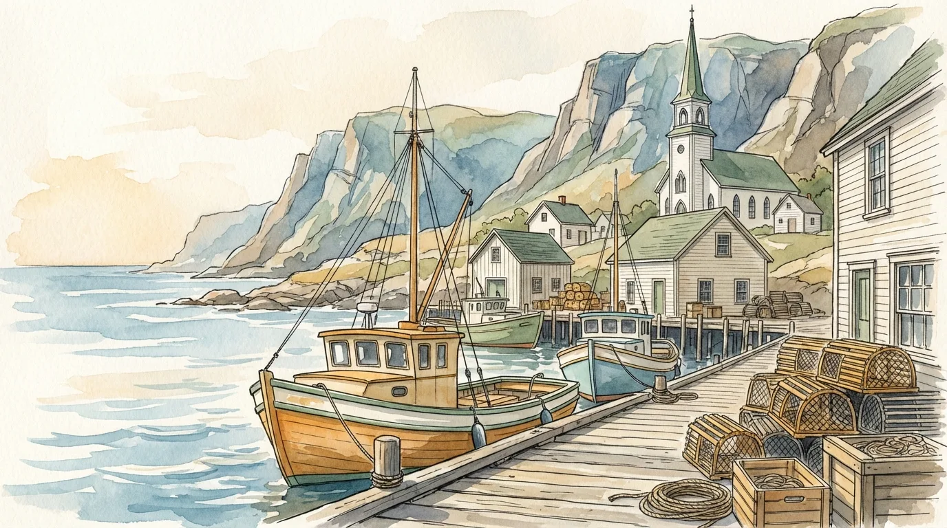Watercolor of a South Shore fishing village with colorful boats and lobster traps